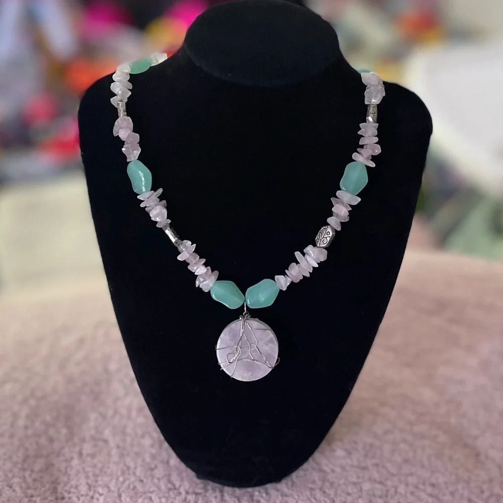 Rose quartz and Aventurine Stone Necklace
